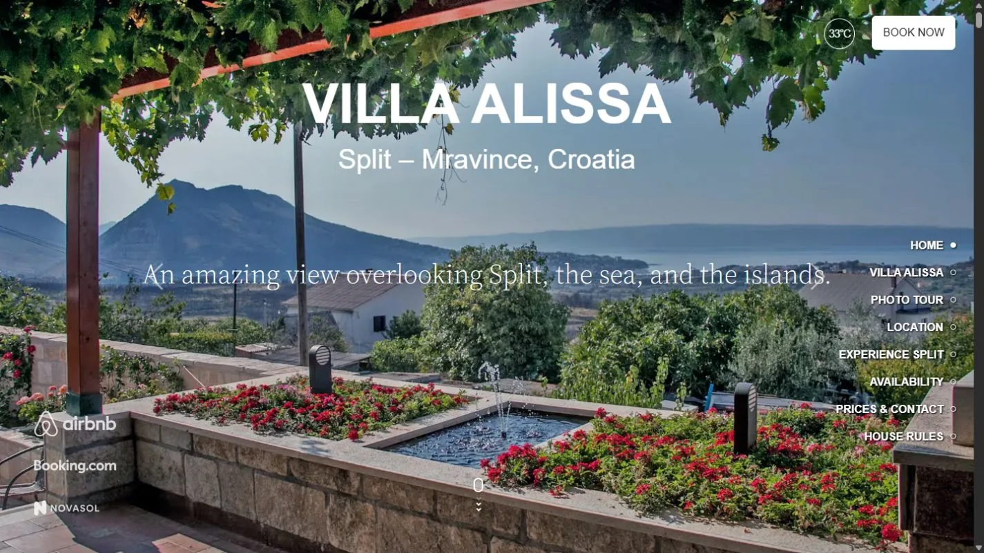 Naslovnica web-stranice Villa Alissa Split s pogledom s terase i glavnom navigacijom.