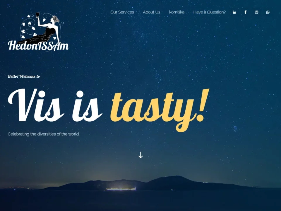 Naslovnica web stranice HedonISSAm s logotipom, noćnim morskim krajolikom i porukom „Vis is tasty!”.