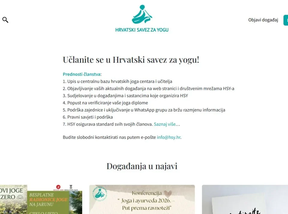 Naslovnica web stranice Hrvatskog saveza za yogu s pozivom na članstvo i aktualnim događanjima.