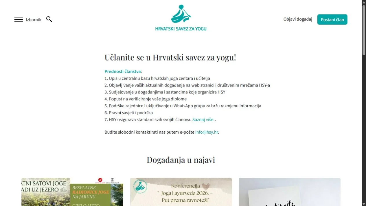 Naslovnica web stranice Hrvatskog saveza za yogu s pozivom na članstvo i aktualnim događanjima.