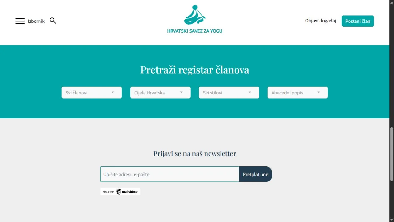 Pretraživ registar članova s filtrima prema članstvu, lokaciji i stilu yoge.