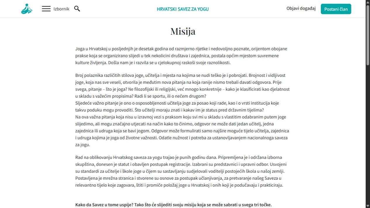 Predstavljanje misije i područja djelovanja Hrvatskog saveza za yogu.