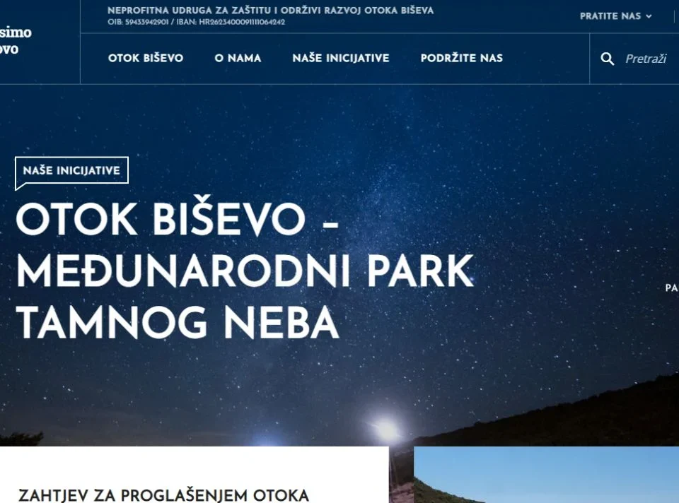Biševo Association website homepage with its navigation and the initiative for an International Dark Sky Park.