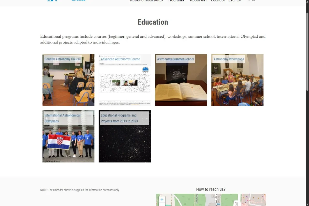 Zagreb Observatory education overview with courses, workshops and the Astronomy Summer School.