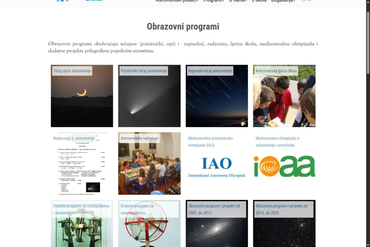 Pregled obrazovnih programa Zvjezdarnice Zagreb s tečajevima, radionicama i Astronomskom ljetnom školom.