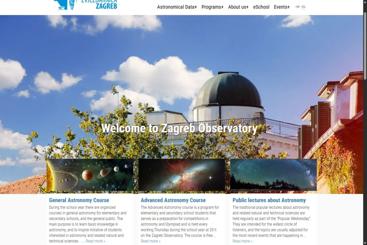 Current Zagreb Observatory homepage with its dome, main navigation and featured programmes.
