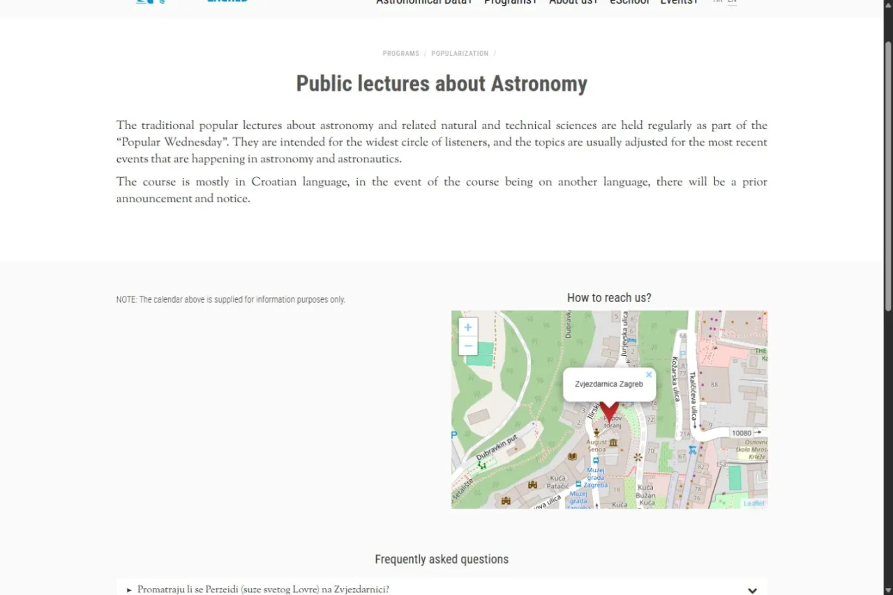 Zagreb Observatory public lectures page with its popular-science programme schedule.