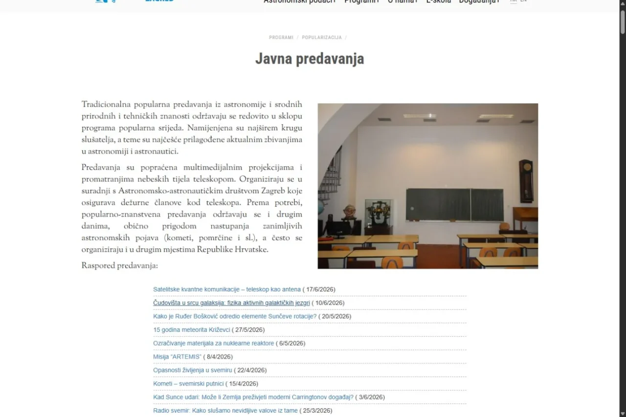 Stranica javnih predavanja Zvjezdarnice Zagreb s rasporedom popularno-znanstvenih programa.