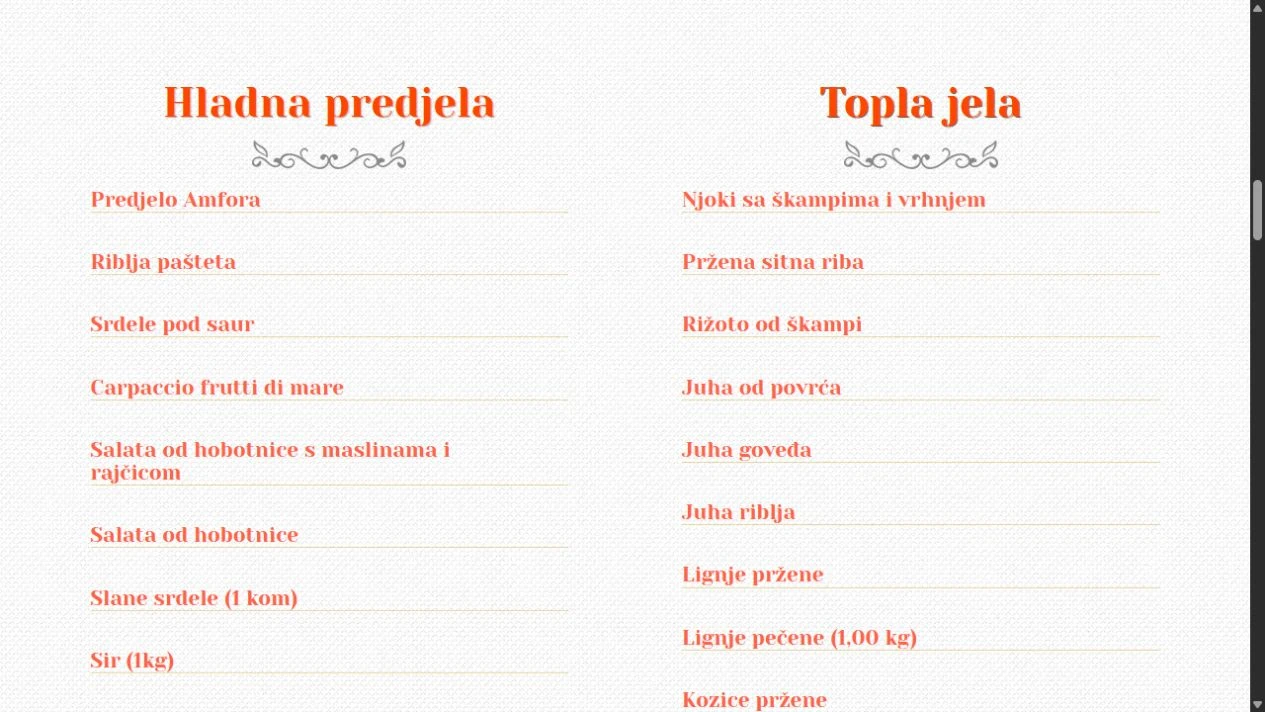 Dvostupčani prikaz hladnih predjela i toplih jela na web-stranici Konobe Amfora.